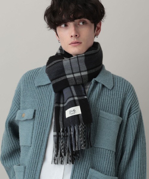 チェック柄マフラー グレー ブルー ソレイユ カシミヤブレンドウールチェック柄マフラー グレー TX008980