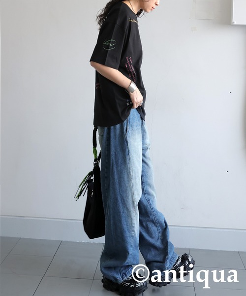「antiqua」 半袖Tシャツ P ブラック系その他 レディース_画像5