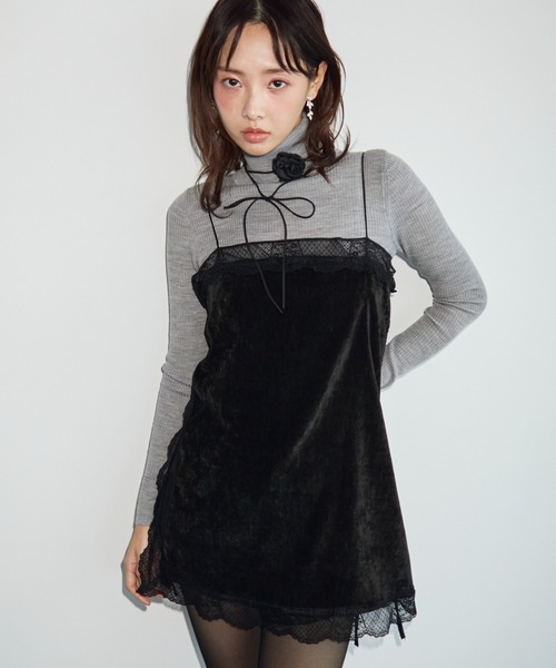 ブラックレーストリムキャミソール krahe（クレーエ） キャミソール ベロアタッチ レーストリム