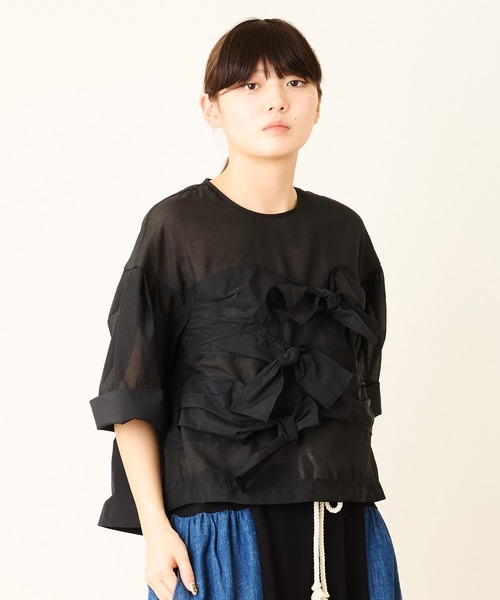 ブラウス シャツ リボンデザインシアーAラインブラウス「結婚式・入卒式」「オケージョン・セレモニー/デイリーにも」 レディースの画像