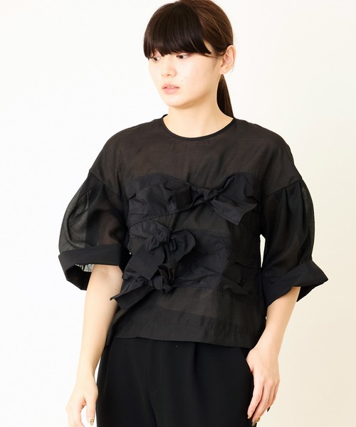 ブラウス シャツ リボンデザインシアーAラインブラウス「結婚式・入卒式」「オケージョン・セレモニー/デイリーにも」 レディースの画像