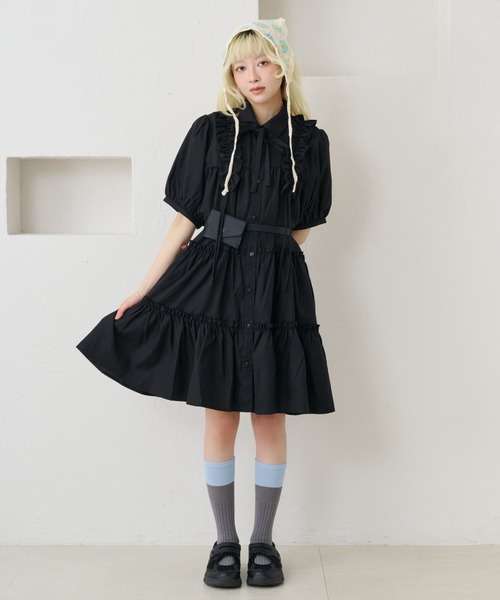新品ウィムガゼット タックボリュームチュニック ワンピース ゆったり 黒 フリル kutir（クティール） ワンピース 「紐付き」アソートフリルティアード