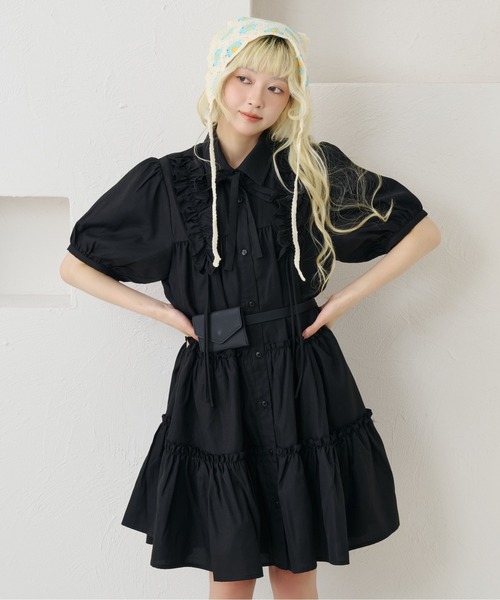 新品ウィムガゼット タックボリュームチュニック ワンピース ゆったり 黒 フリル kutir（クティール） ワンピース 半袖 「紐付き」アソートフリル