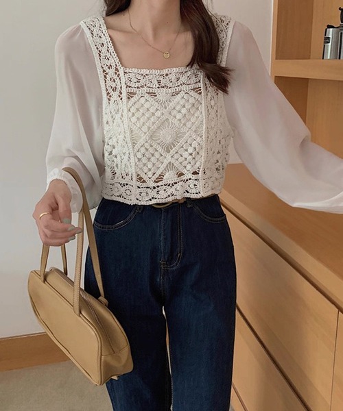 クロシェ編み ニット　ビスチェ　パンツセットアップ クロシェ編みビスチェトップス[品番：OUTW0000543]｜Outfitter