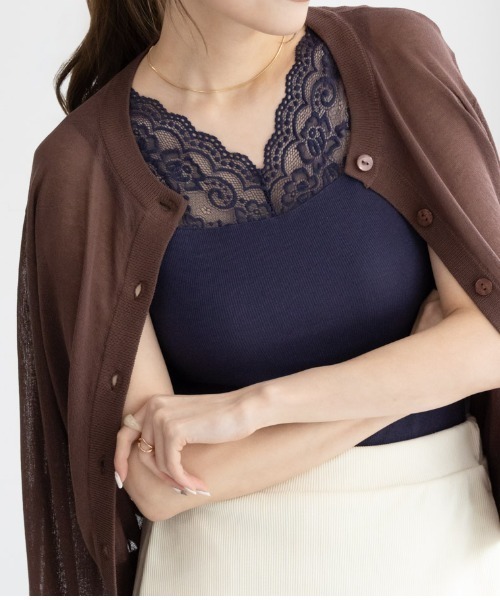 NAVY タンクトップ ノースリーブ レース切り替えテレコタンクトップ