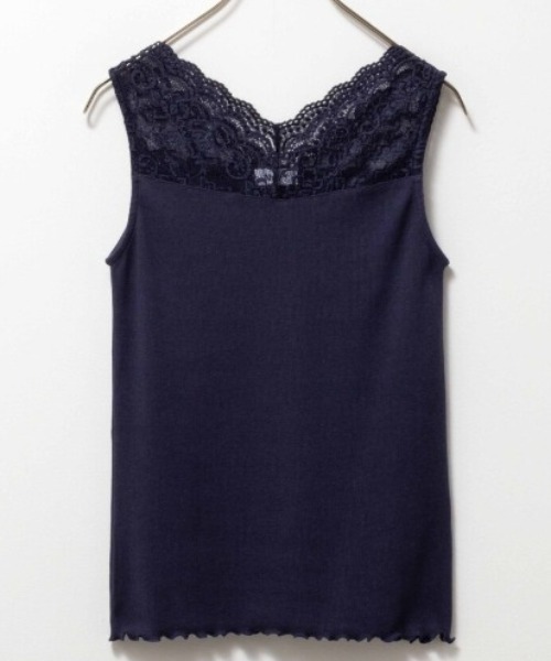 ★新品・未使用★ebure タンクトップ ネイビー カットソー ノースリーブ NAVY タンクトップ ノースリーブ レース切り替えテレコタンクトップ