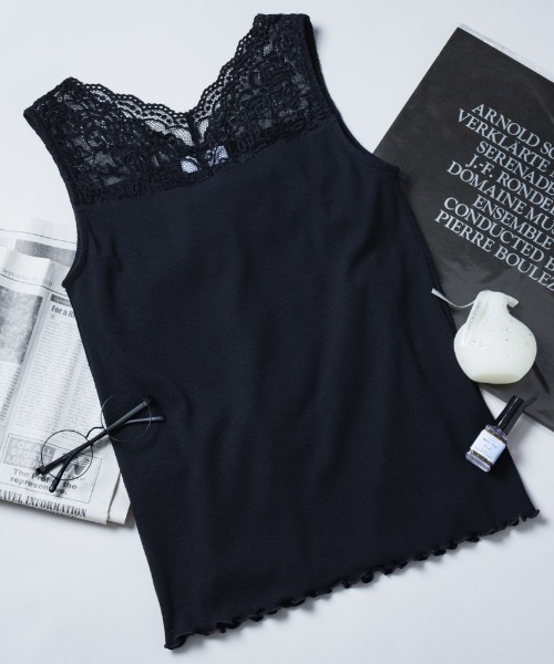 NAVY タンクトップ ノースリーブ レース切り替えテレコタンクトップ