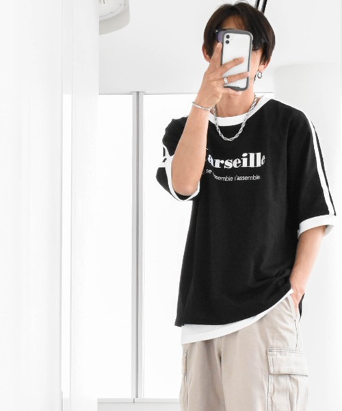 boohoo MAN★半袖 クルーネック トップス Tシャツ★ライン刺繍★ 袖ライン 五分袖Tシャツ トリムTシャツ ハートロゴ刺繍 半袖