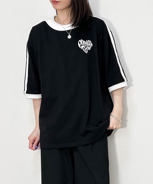 刺繍Tシャツ 刺繍 Tシャツ Tシャツ 半袖 T-shirts tシャツ 16/TC 天竺袖ライン 刺繍Tシャツ(ハートLOGO、Marseille