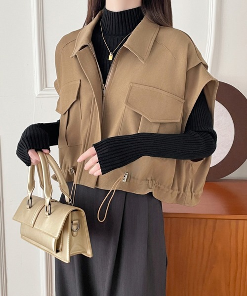 ベスト ジレ ドロストフレンチスリーブショートベスト レディース emi+ ベスト ジレ ドロストフレンチスリーブショートベスト