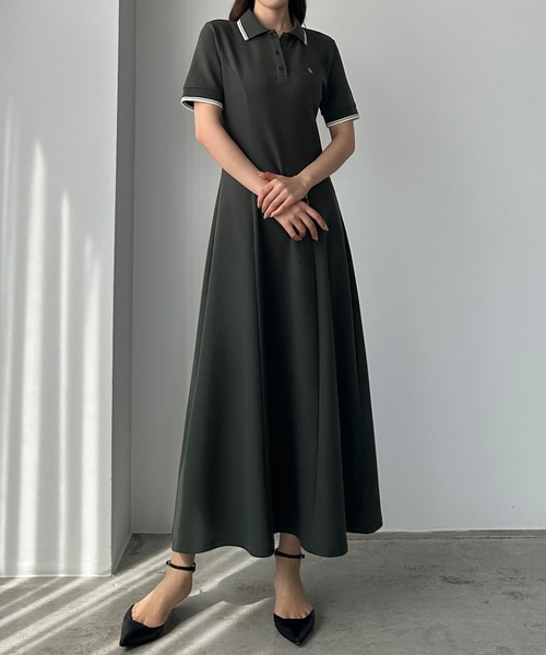 【Louere】ポロワンピース（セミフレア）チャコール Louere ワンピース 「選べる」ポロワンピース（セミフレア/I