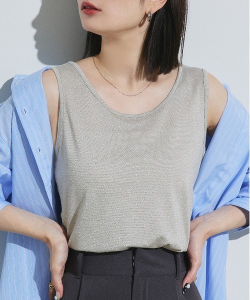 ★新品・未使用★ebure タンクトップ ネイビー カットソー ノースリーブ ad thie（アドティエ） タンクトップ ノースリーブ 2WAYラメ タンク