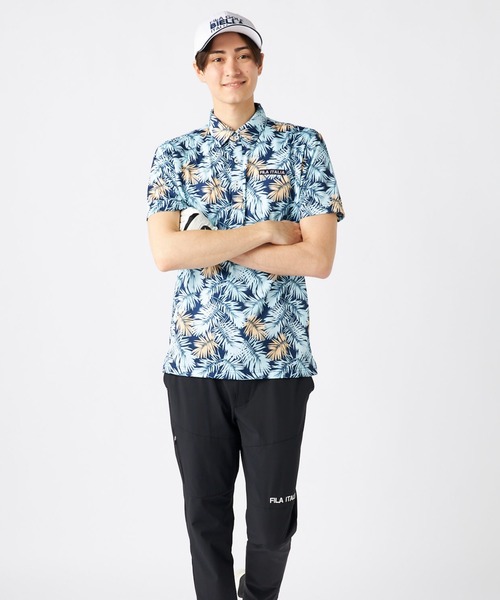 FILA GOLF ポロシャツ ワッフルメッシュ リーフ柄 半袖シャツ