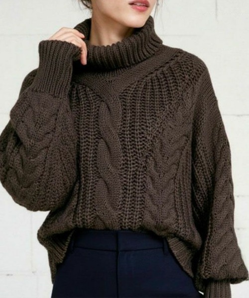 ニット セーター ケーブル編みオフタートルニット レディース