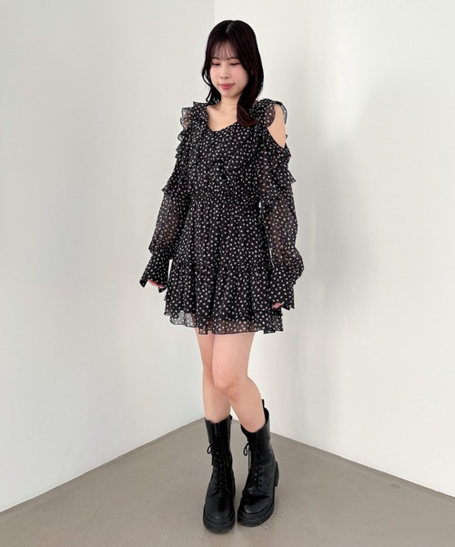 Heather ワンピース ショルダーカットフレアミニワンピース