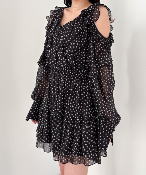 ショルダーパッド 英字プリント ミニ丈ワンピース 4061003 Heather ワンピース ショルダーカットフレアミニワンピース