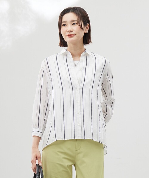 ブラウス シャツ 「洗える」SHEERストライプ ペプラム レディース