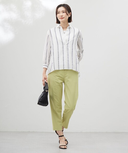 ブラウス シャツ 「洗える」SHEERストライプ ペプラム レディース