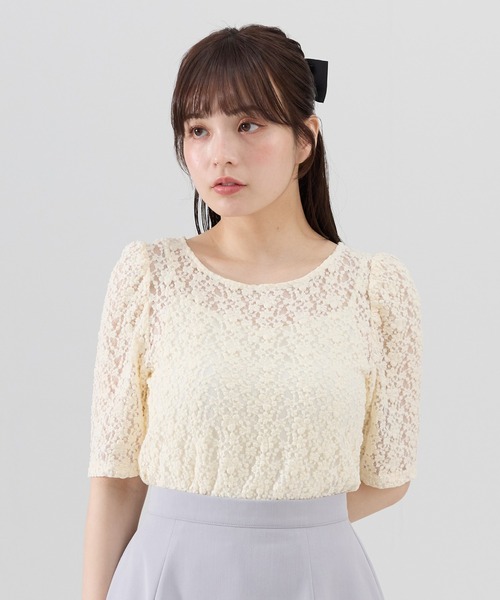 tシャツ フラワーレース5分袖トップス レディース