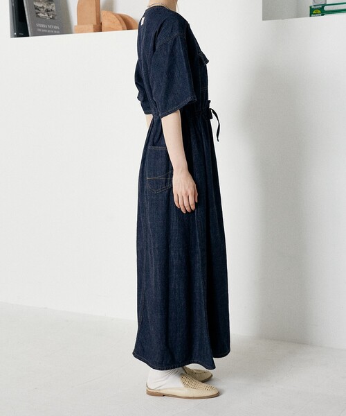 ☆JEANS ロゴ デニム シャツワンピース シャツワンピース ウエストマークデニムシャツロングワンピース