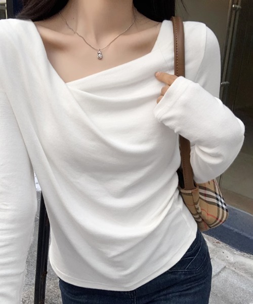 COCOMOMO ヘンリーネック tシャツ サイドギャザードレープトップス
