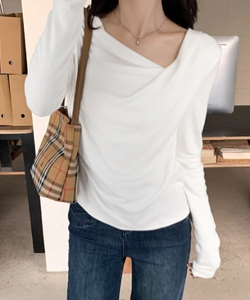 COCOMOMO ヘンリーネック tシャツ サイドギャザードレープトップス