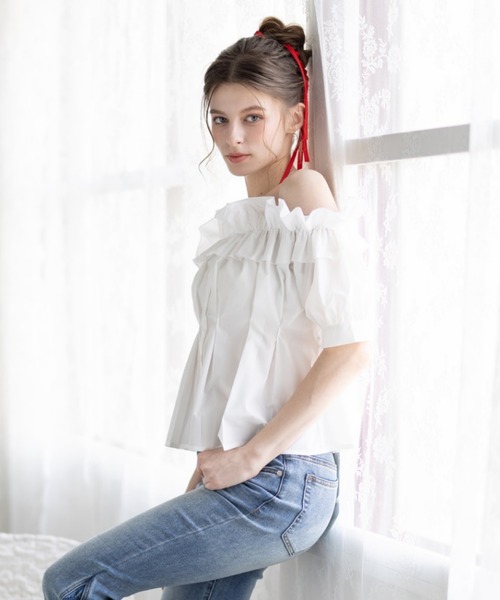 シャツ+ブラウス(半袖+袖なし) styling/ frill-off shoulder top moment+ ブラウス シャツ 2WAYオフショル無地＆チェック半袖フリル