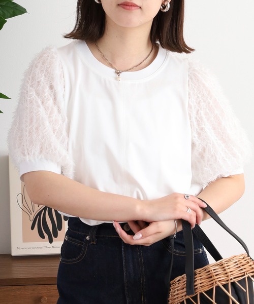 tシャツ Anna Nicola フリンジシアースリーブ半袖カットソー レディース