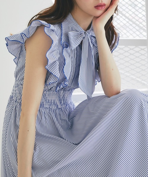 tocco closet ワンピース フリル付きボウタイリボンストライプ