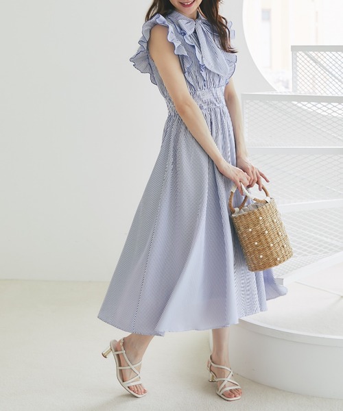 tocco closet ワンピース フリル付きボウタイリボンストライプ