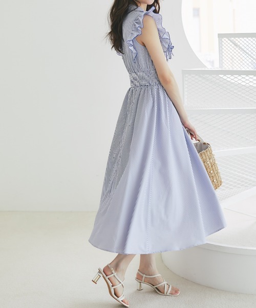 フリル付きボウタイリボンストライプワンピース　ネイビー tocco closet ワンピース フリル付きボウタイリボンストライプ