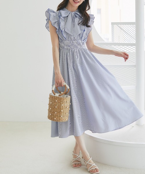 tocco closet ワンピース フリル付きボウタイリボンストライプ