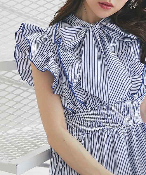 tocco closet ワンピース フリル付きボウタイリボンストライプ