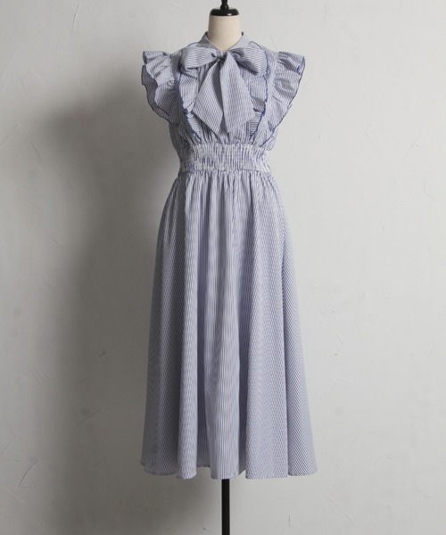 tocco closet ワンピース フリル付きボウタイリボンストライプ