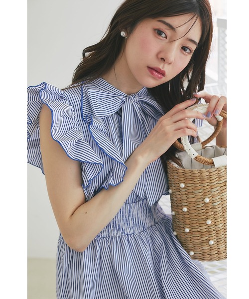 リボンフリル付きストライプ マキシドレスワンピース tocco closet（トッコ クローゼット） ワンピース フリル付きボウタイ