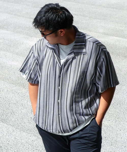 半袖シャツ メンズ 中空レース オープンカラー SHIPS シャツ BENCH MARKING SHIRT: ストライプレース オープン