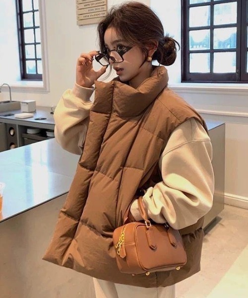 ダウンベスト ベスト スタンドカラールーズシルエット中綿ベスト