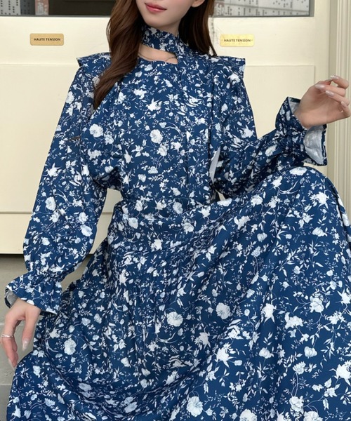 Ada. ワンピース フラワープリント ウエストマーク フレア ワンピース
