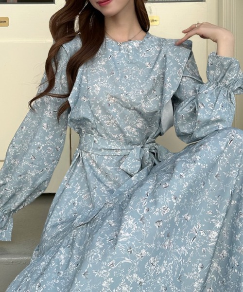 Ada. ワンピース フラワープリント ウエストマーク フレア ワンピース