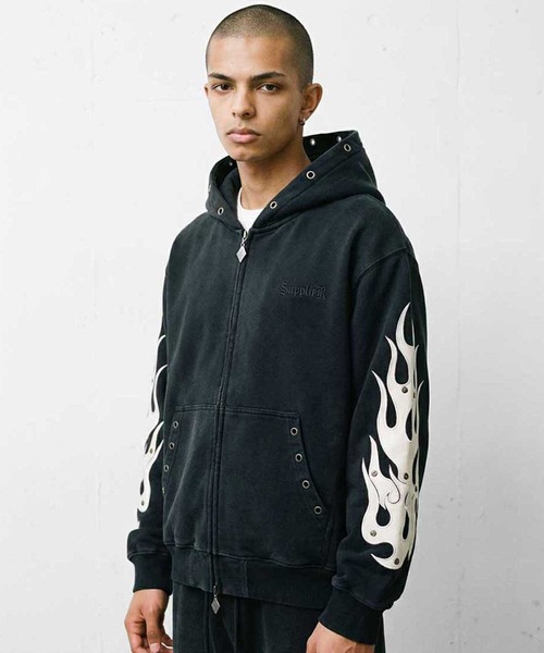 US 三軒茶屋 パーカー Suntee 袖プリ ファイヤーパターン ブラックXL SUPPLIER（サプライヤー） パーカー ジップフーディ｜Fire Tribal