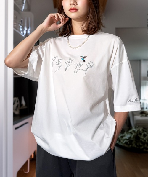 Candlestick tシャツ 半袖 ハミングバード モノフラワー 刺繍 ワイド