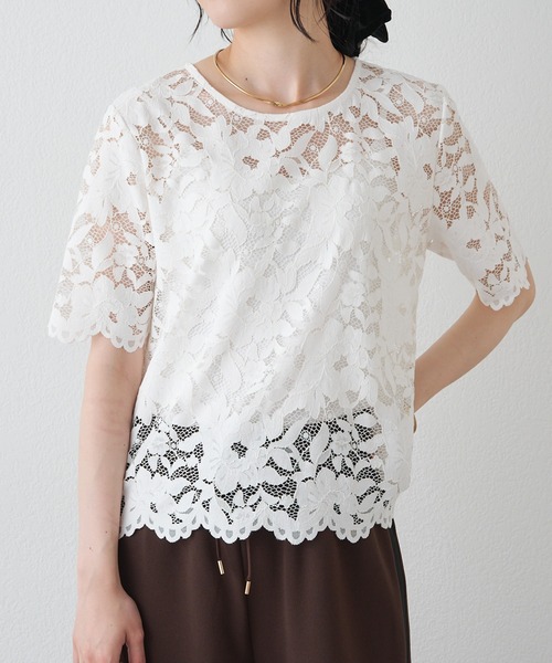 pual ce cin ブラウス シャツ 花柄コード刺繍スカラップレースブラウス 