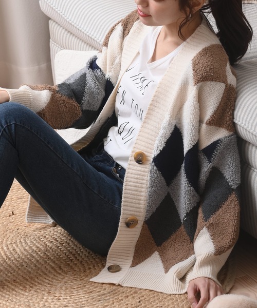 r・p・s カーディガン サガラアーガイルニットカーディガン レディース