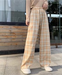ひも付きワイドパンツMsize「ギンガムチェック・緑・スラブ