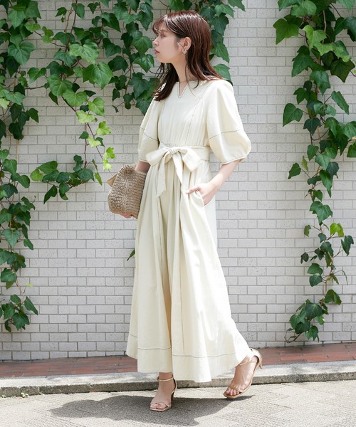 natural couture ワンピース お家で洗える/ランタンスリーブワンピース