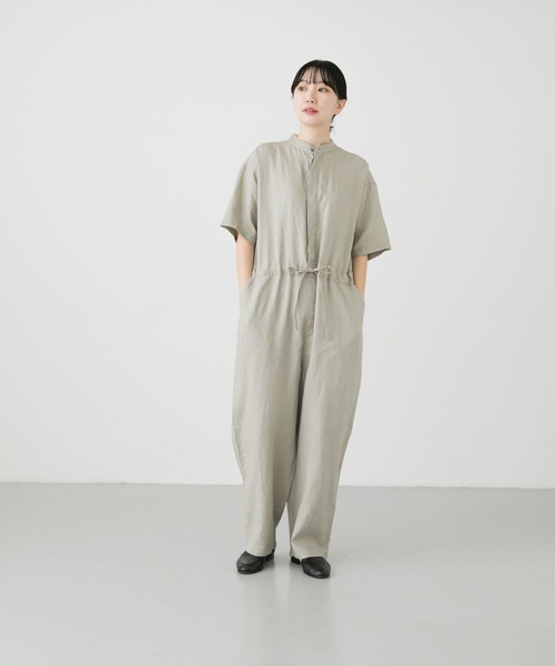 サロペット オーバーオール リネンハーフスリーブオールインワン  