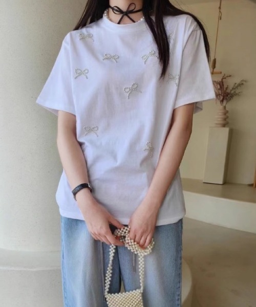 tシャツ パールリボンリブトップス レディース ロゴ刺繍パールリボンニットトップス[fu238] | レディース