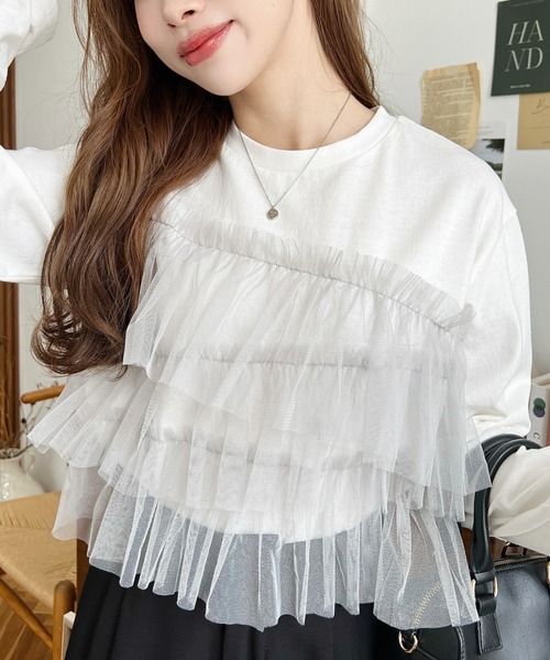 tシャツ フリルドッキングルーズTシャツ レディース チュールフリルドッキングTシャツ – レディースファッション通販