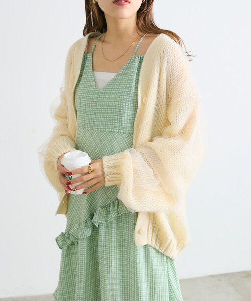 w closet カーディガン 「4色展開」チュールニットカーディガン