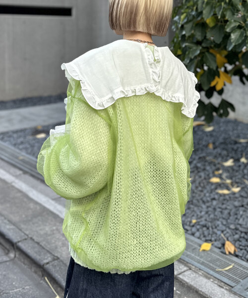 カーディガン 「eL」12G Tulle Docking Cardigan/104564 レディース eL（エル）の「【eL】12G Tulle Docking Cardigan/104564